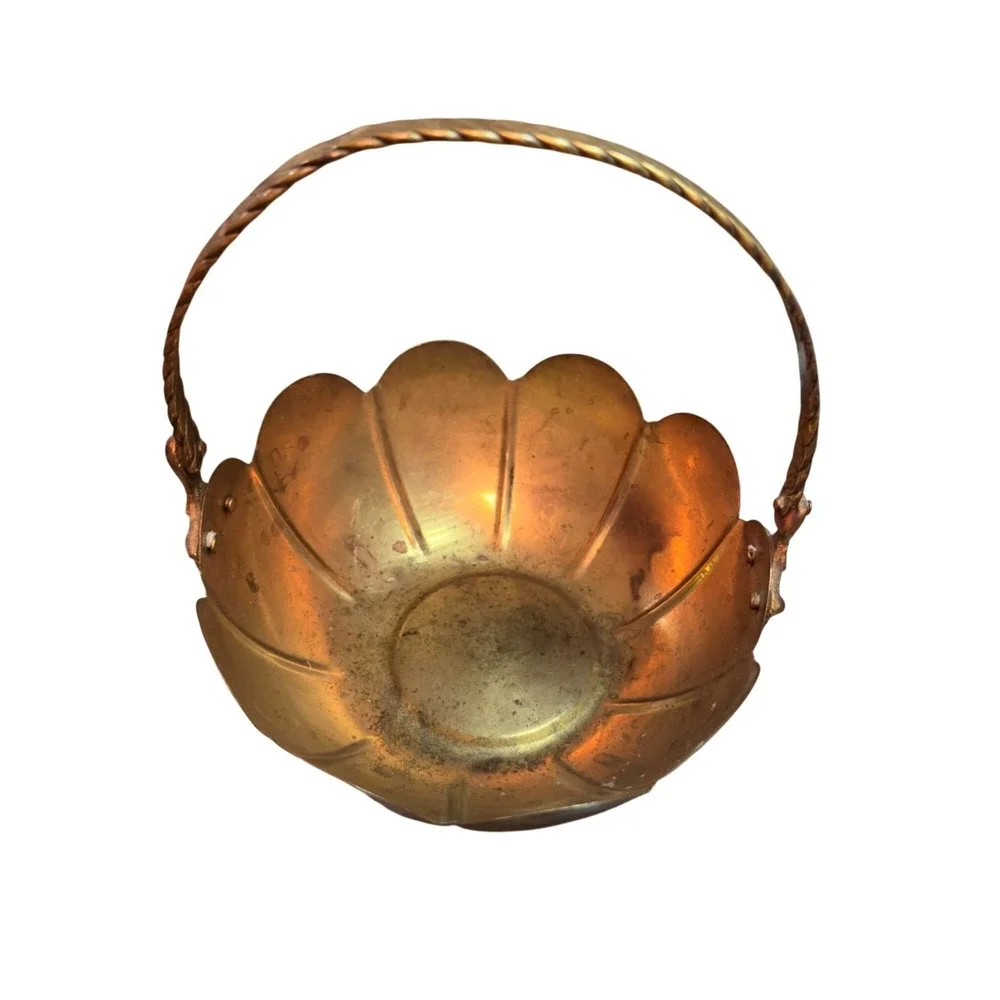 Vintage Brass Scalloped Basket With Twisted Handle Approx. 8
